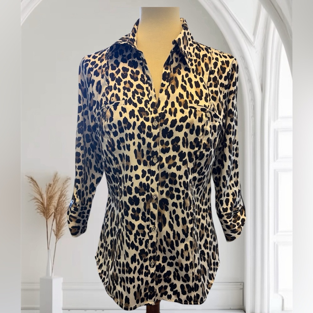 White House Black Market Blouse in Black, Brown, and White Animal Print, Size 8